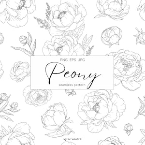 Puede incluir: Patrón sin costuras en blanco y negro con ilustraciones detalladas de peonías en diferentes etapas de floración. El diseño incluye la palabra "Peony" en escritura cursiva, "patrón sin costuras" e indicadores de tipo de archivo.