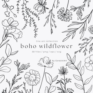Op de afbeelding: Zwart-wit lijntekening van verschillende wilde bloemen en bladeren. De tekst "boho wildflower" wordt weergegeven, samen met informatie over het bestandstype. De afbeelding is een lijnkunstcollectie.