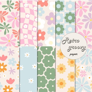 Puede incluir: Conjunto de ocho patrones de papel digital en estilo retro groovy. Los patrones presentan varios diseños florales en rosa, azul, verde y amarillo.