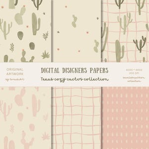 Set di carta digitale con cactus ad acquerello, sfondo del Texas, motivi senza soluzione di continuità con cowboy del selvaggio West, carta per scrapbooking, stampabile, download immediato