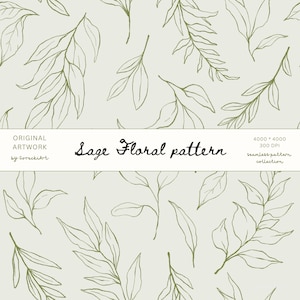 May include: Sage floral pattern design with olive green leaves on a light beige background. The image includes the text "Sage Floral pattern" and "Original Artwork by GoreckiArt". The design is a seamless pattern collection.
