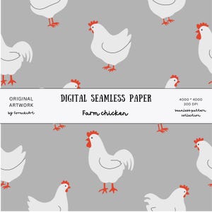 Puede incluir: Papel digital sin costuras con un patrón repetido de gallinas blancas de granja con crestas y patas rojas sobre un fondo gris. Se muestra el texto "DIGITAL SEAMLESS PAPER" y "Farm chicken".