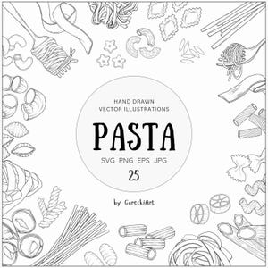 Puede incluir: Una ilustración en blanco y negro de varios tipos de pasta, incluyendo espaguetis, penne y raviolis. La ilustración está rodeada de un círculo con el texto "HAND DRAWN VECTOR ILLUSTRATIONS PASTA SVG PNG EPS JPG 25 by GoreckiArt".