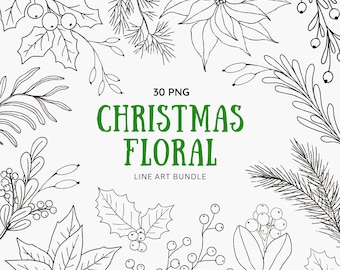 Christmas Floral Line Art Set | Botanical Clipart PNG | Instant Download