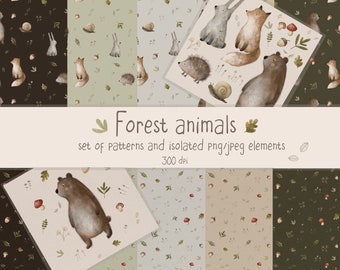 Modello senza cuciture con animali del bosco: clipart per bambini (download digitale)