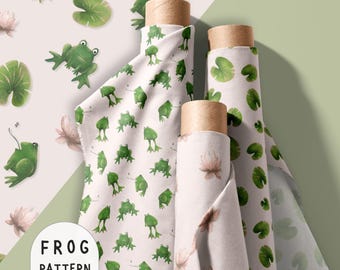 Frog Seamless Pattern Set, Green Frog And Lily Digital Paper, Nursery Print Fabric Design