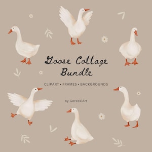 May include: A digital illustration featuring six white geese with orange beaks and feet, set against a beige background. The text "Goose Cottage Bundle" is displayed, along with "CLIPART • FRAMES • BACKGROUNDS" and the artist's name.