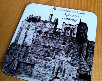 Personalised Wedding Favour Coasters featuring Edinburgh Castle