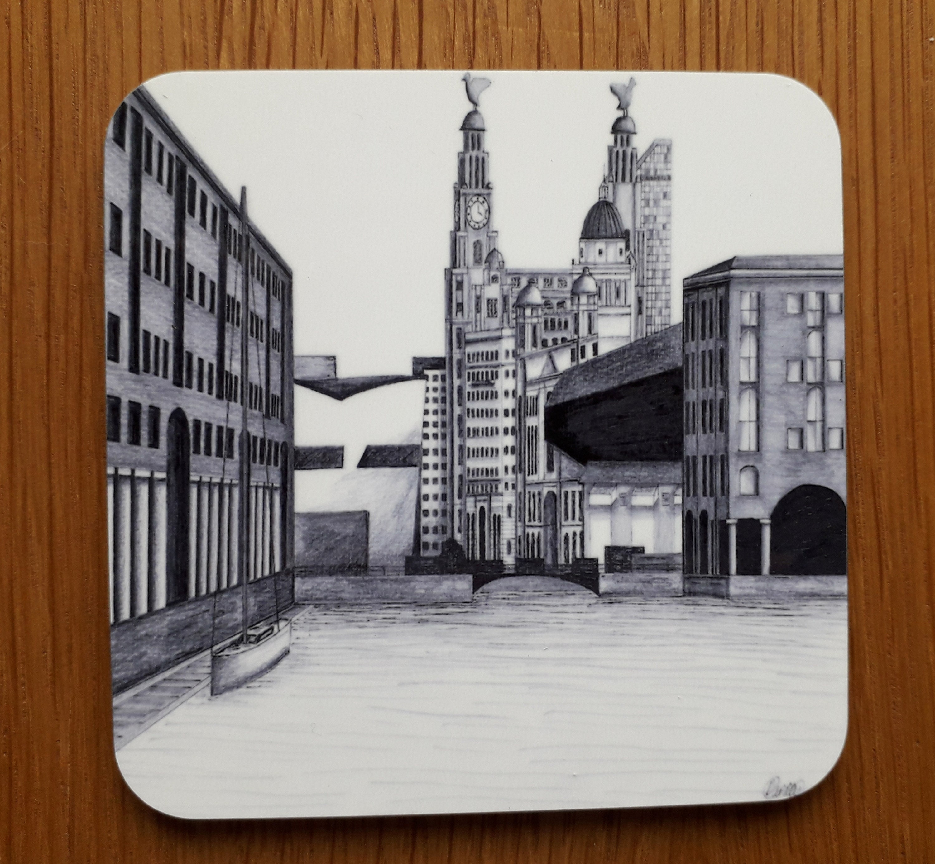 Art Coaster Featuring Print of Pen and Pencil Drawing of Liverpool
