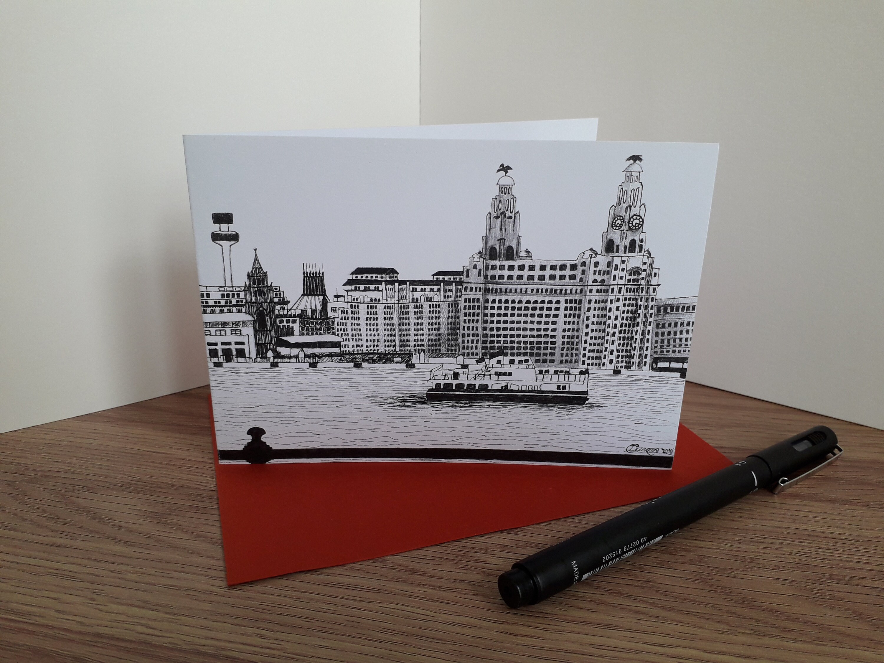 Greetings card featuring print of pen and ink drawing of Liverpool