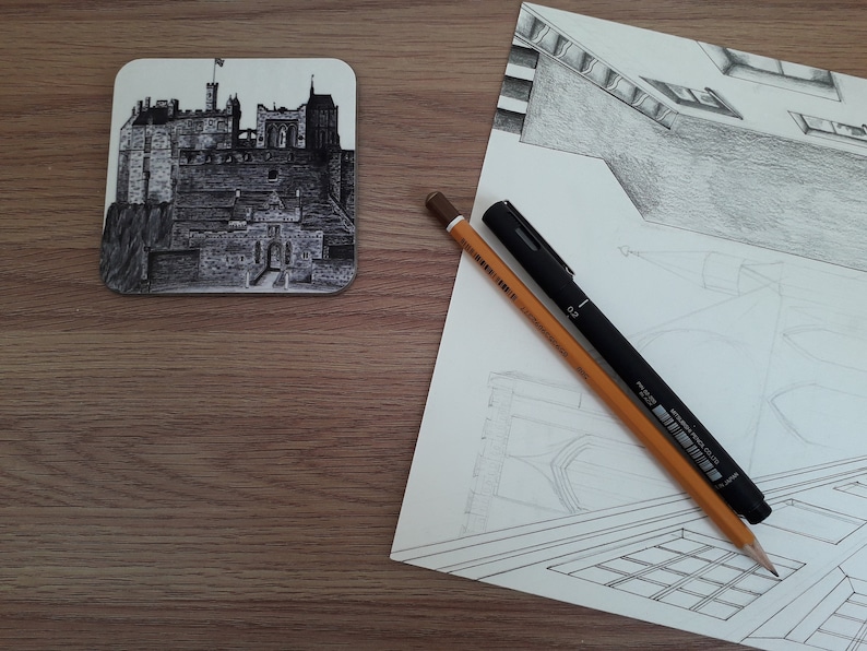 Art coaster featuring print of pen and ink drawing of Edinburgh Castle.