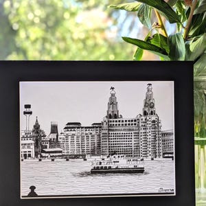 Liverpool Waterfront Mounted Print; pen and ink, Liverpool art, skyline, Mersey ferry, liver building, Liverpool gifts, home decor, wall art