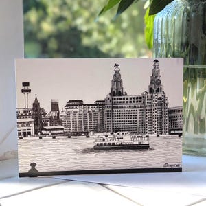 Liverpool SkyLine Greetings Card; Liverpool Waterfront, Liver Buildings, Mersey Ferry, any occasion card, Liverpool gifts, pen and ink
