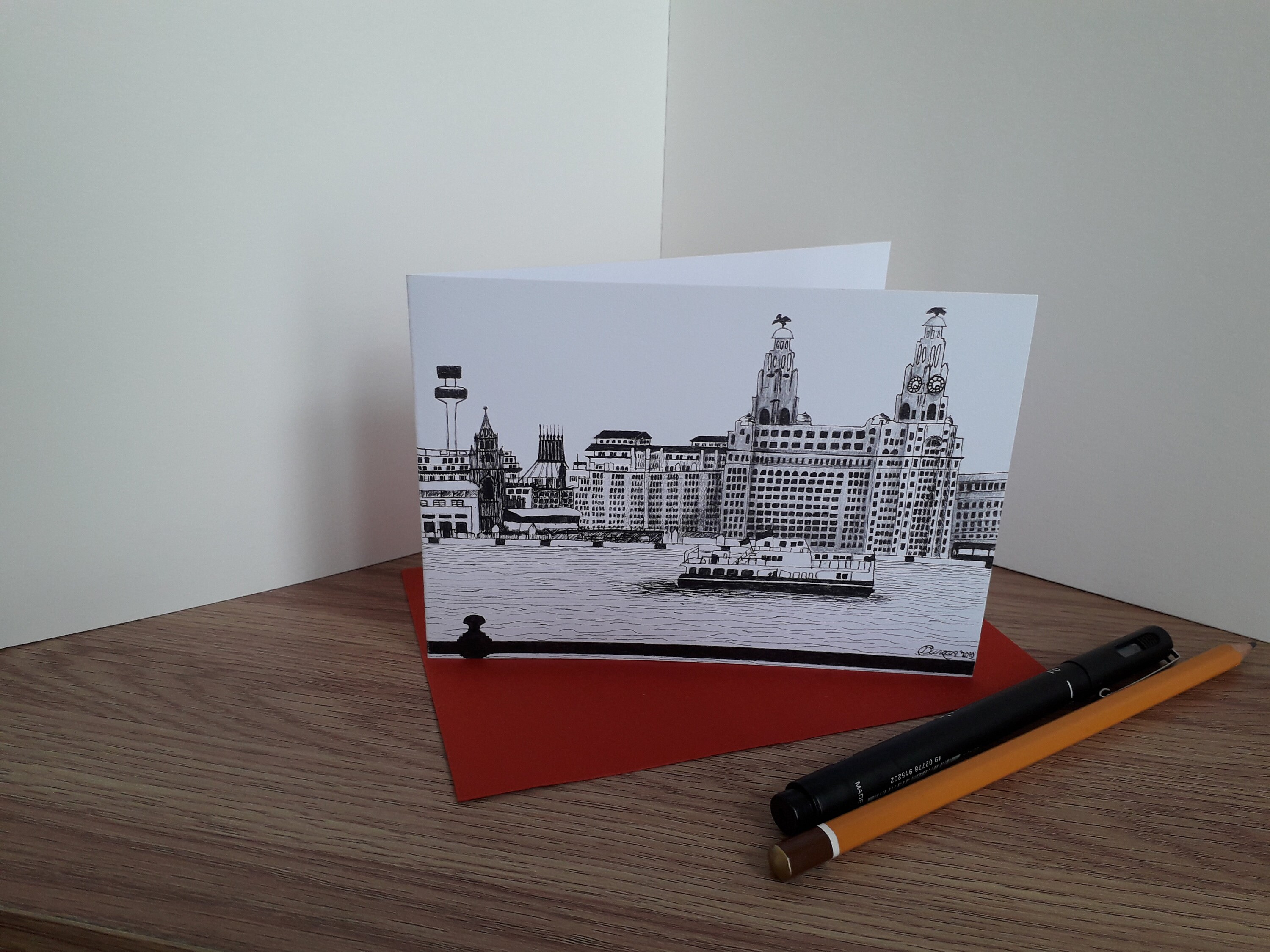 Greetings card featuring print of pen and ink drawing of Liverpool ...