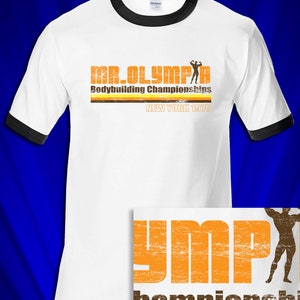 Mr Olympia 1970 New York Bodybuilding Championships t-shirt Tee RINGER FREE S&H