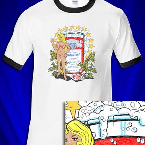 Budweiser Beer Girl 1977 vintage style RINGER tee FREE SHIPPING