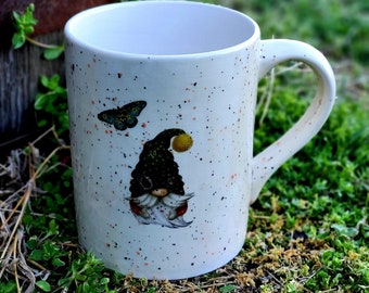 READY TO SHIP! Gnome and Butterfly Vanilla Dip Speckles Large 16 Oz Mug, Large Mug, Hand Glazed, Ceramic Mug, Tea Mug, Coffee Mug