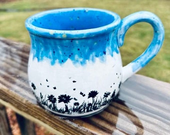 Dandelions and Butterflies Blue Caprice Jumbo 24 Oz Mug, Extra Large Mug, Hand Glazed, Ceramic Pottery Mug