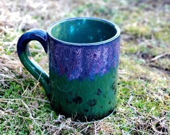 Emerald and Purple Dandelions Large 16 Oz Mug, Large Mug, Hand Glazed, Ceramic Pottery Mug, Tea Mug, Coffee Mug, Unique Gift