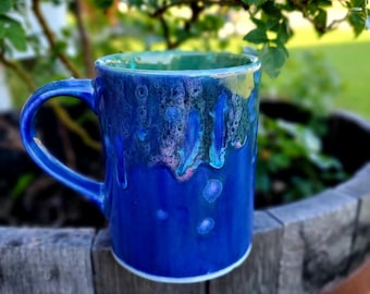 Bloomin Blues Peacock PurpleLarge 16 Oz Mug, Large Mug, Hand Glazed, Tea Mug, Coffee Mug, Unique Gift