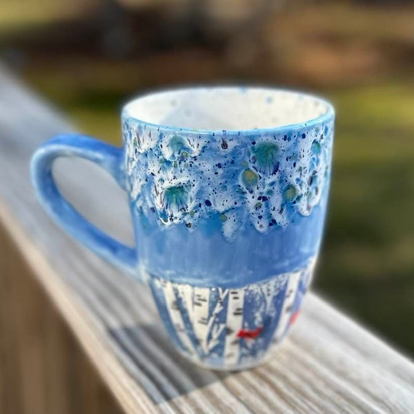 White Birches and Cardinals Jumbo 24 Oz Mug, Extra Large Mug, Hand Glazed, Ceramic Pottery Mug