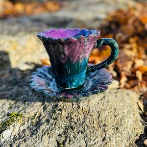Peacock Purple 12 Oz Mug and Matching Flower Saucer Set, Hand Glazed, Ceramic Mug, Tea Mug, Coffee Mug, Unique Gift