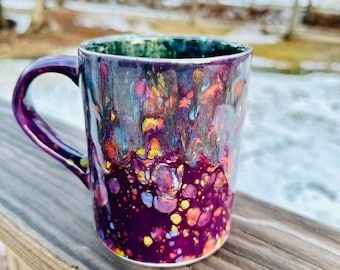 Floral Fantasy paon violetGrande tasse de 16 oz, grande tasse, émaillée à la main, tasse à thé, tasse à café, cadeau unique