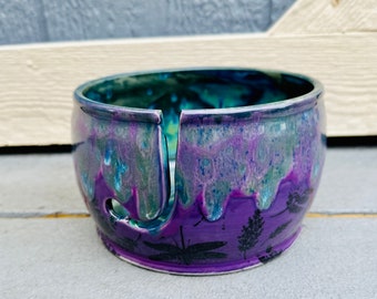 Purple Peacock Dragonfly Medium Yarn Bowl Hand Glazed Original Design Great Gift Knitting Crocheting