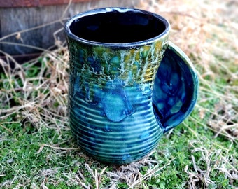 Peacock Azure Large Hand Warmer 16 Oz Mug, Extra Large Mug, Blue Mug, Hand Glazed, Ceramic Pottery Mug, Tea Mug, Coffee Mug