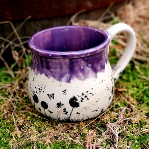 Dandelions and Butterflies Purple Floral Fantasy Jumbo 24 Oz Mug, Extra Large Mug, Hand Glazed, Ceramic Pottery Mug