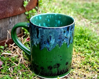 Peacock Green Dandelions Large 16 Oz Mug, Large Mug, Hand Glazed, Ceramic Pottery Mug, Tea Mug, Coffee Mug, Unique Gift