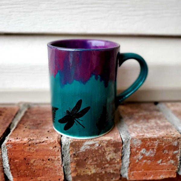 Emerald and Purple Dragonfly Large 16 Oz Mug, Extra Large Mug, Hand Glazed, Ceramic Pottery Mug, Tea Mug, Coffee Mug, Gift