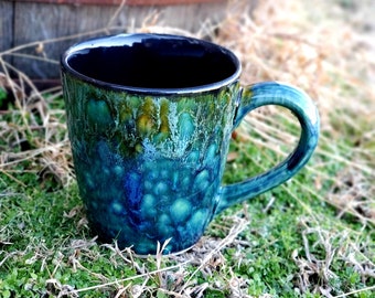 Blue Azure Peacock Large 16 Oz Mug, Extra Large Mug, Hand Glazed, Ceramic Pottery Mug, Tea Mug, Coffee Mug, Unique Gift