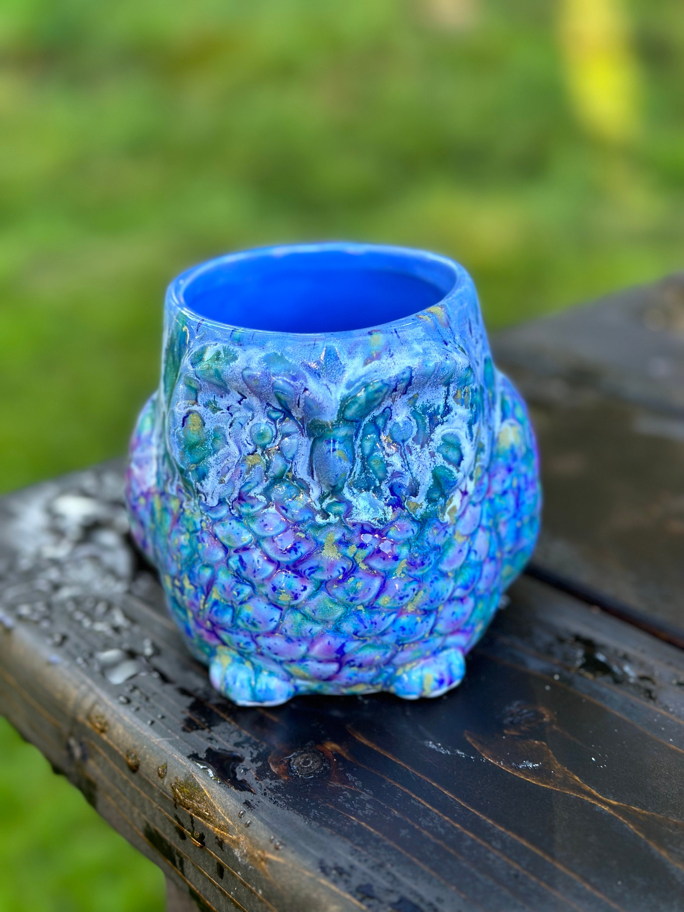 Hand Glazed Owl Mug: Blue Caprice Ceramic Pottery, 24 Oz Tea Coffee Mug
