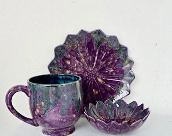 Floral Fantasy, 20 Ounce Mug, 8 Inch Flower Plate, 5 Inch Flower Bowl, Gift Set, Extra Large Mug, Matching Set