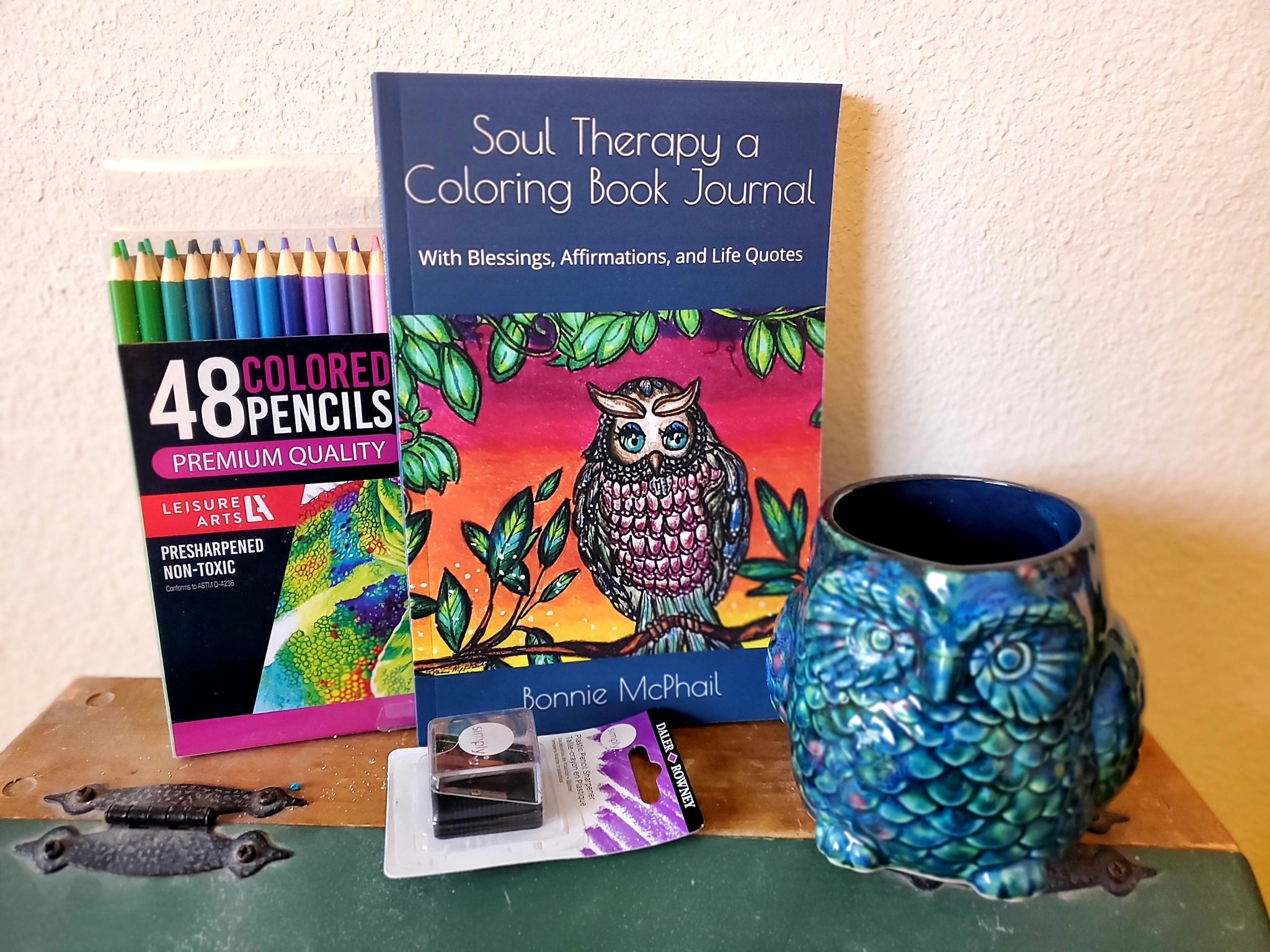 Owl Mug, Coloring Book Journal, Colored Pencils, Sharpener Fun Gift set.
