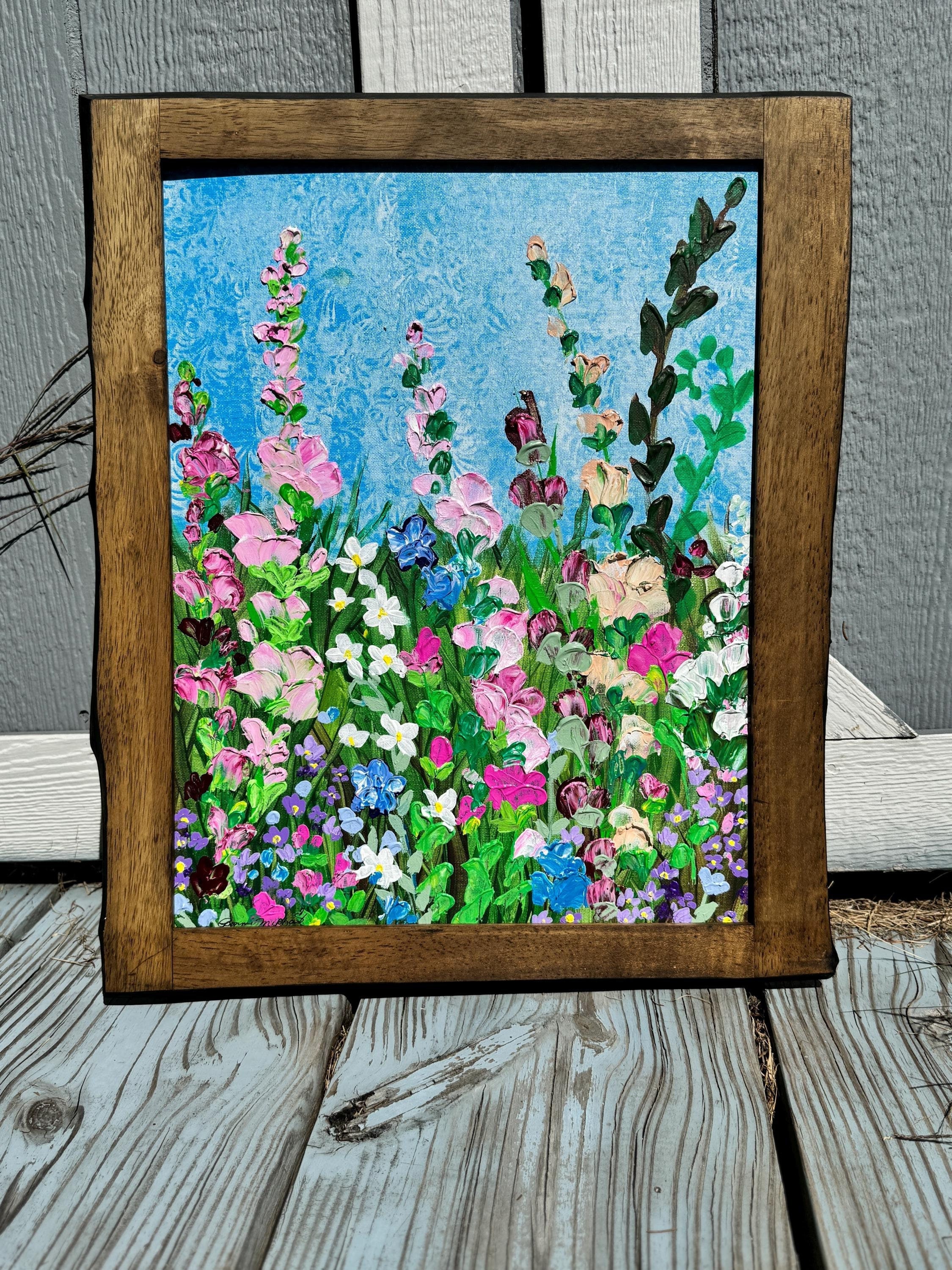 Ready to Ship! ORIGINAL, Solid Wooden Frame Included Field of Flowers, Acrylic Painting on Canvas,  Palette Knife Painting, Canvas 18 x 14