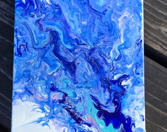 Bleu océan/Peinture acrylique sur toile/ Peinture fluide/ Peinture abstraite/ Verser la peinture/Décoration d'intérieur/ Art mural/ 5 x 7/ Bord profond