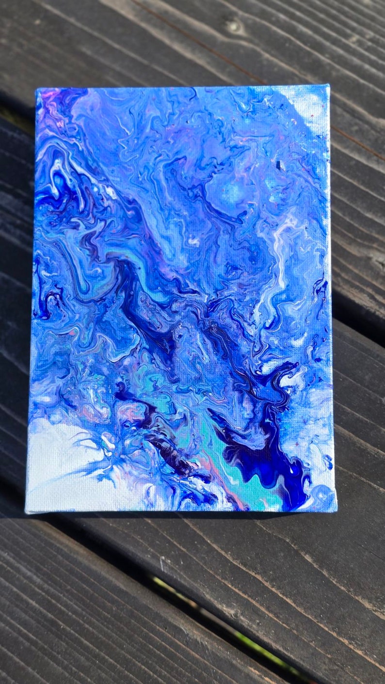 Ocean Blues/Acrylic Painting on canvas/ Fluid Art painting/ Abstract Painting/ Pour Painting/Home Decor/ Wall Art/ 5x7/ Deep Edge image 1