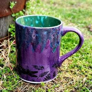 Purple Peacock Dragonflies Large 16 Oz Mug, Large Mug, Hand Glazed, Ceramic Pottery Mug, Tea Mug, Coffee Mug, Unique Gift