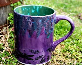 Purple Peacock Dragonflies Large 16 Oz Mug, Large Mug, Hand Glazed, Ceramic Pottery Mug, Tea Mug, Coffee Mug, Unique Gift