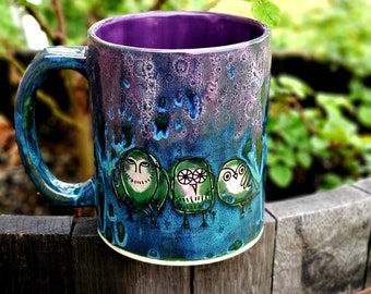 Peacock Purple Owls Jumbo 24 Oz Mug, Extra Large Mug, Hand Glazed, Ceramic Pottery Mug, Tea Mug, Coffee Mug, Unique Gift