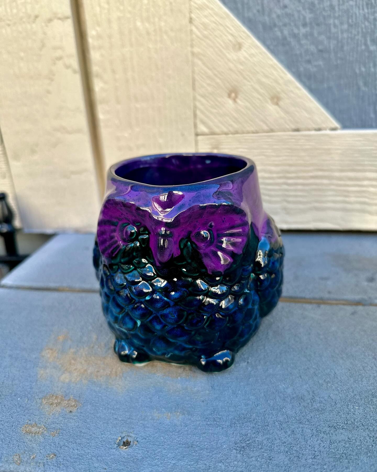 Hand Glazed Stoneware Owl Mug: Black Opal Purple Peacock, 24 Oz