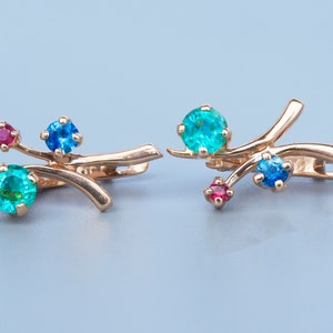 Emerald, sapphire, ruby earrings in 14k gold/ Tiny gold earrings/ Young girl earrings/ Trio gold earrings/ Three gemstone gold earrings