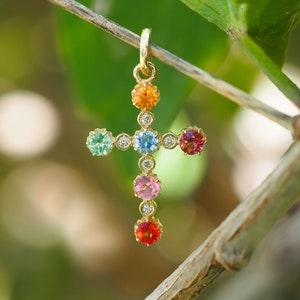 Fancy color sapphires Cross Pendant/ 14k Gold cross pendant with sapphires, diamonds/ Religious Cross Necklace/ Simple everyday cross