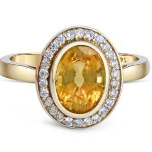 Sapphire and diamonds 14k gold ring/ Oval Sapphire gold ring/ Sapphire diamond halo ring/ Yellow gemstone ring/ September birthstone ring