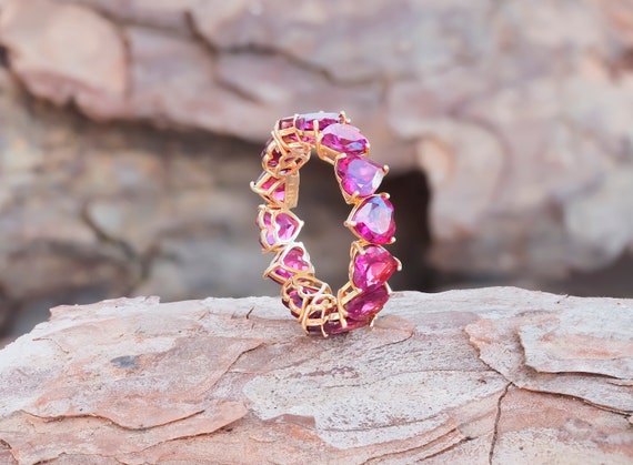 Heart Garnet Eternity Ring in 14k Gold. Heart Shaped Eternity Band