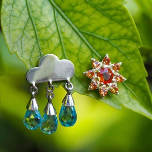 Rain and sun 14k gold earring studs/ Mismatched earrings/  Weather inspired earrings/ Natural topaz, sapphire studs/ Teardrop earrings