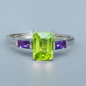 Peridoto, anello d&#39;oro 14k di ametista/peridoto verde mela, anello di ametista viola/anello di fidanzamento con taglio Baguette/anello con 3 pietre preziose