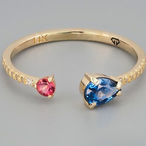 Blue sapphire 14k gold ring/ Pear sapphire gold ring/ Genuine sapphire ring/ Opened engaged ring with gemstones/ Natural sapphire ring